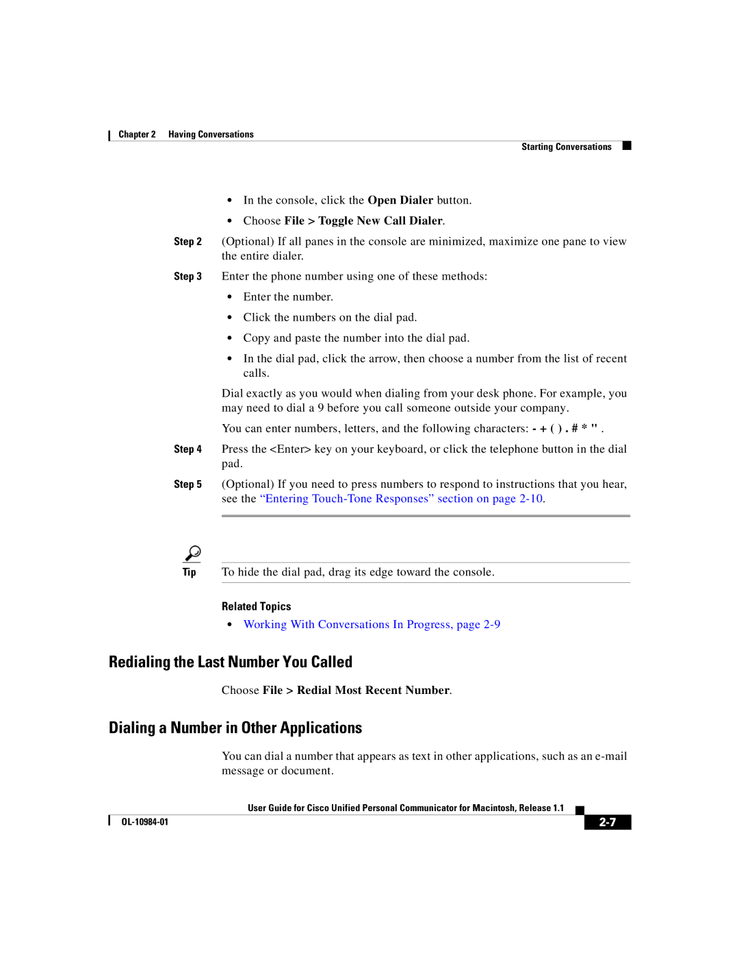 Cisco Systems OL-10984-01 manual Redialing the Last Number You Called, Dialing a Number in Other Applications 