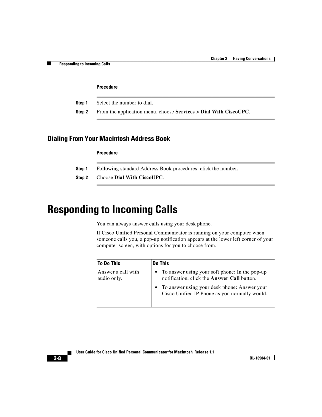 Cisco Systems OL-10984-01 manual Responding to Incoming Calls, Dialing From Your Macintosh Address Book 