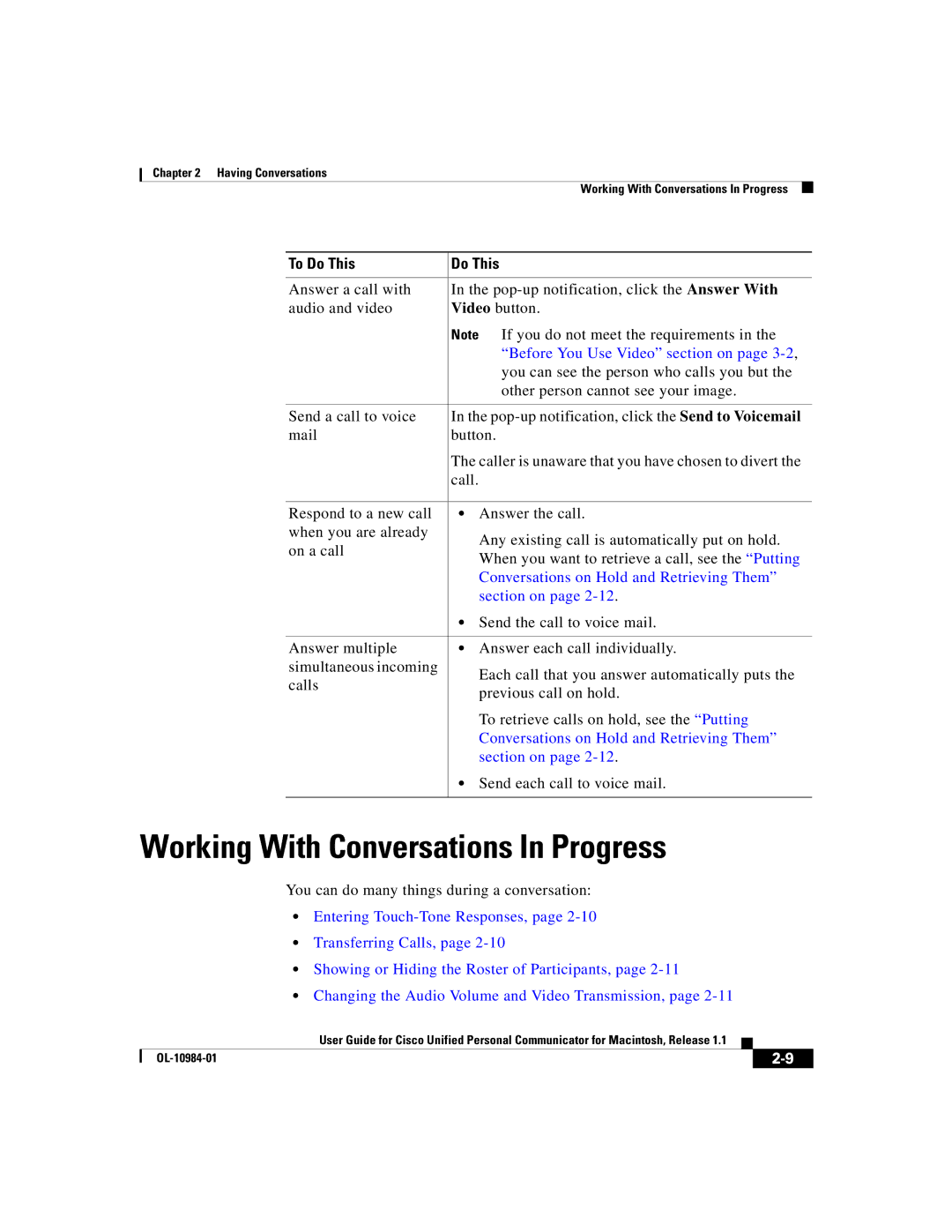 Cisco Systems OL-10984-01 manual Working With Conversations In Progress, Before You Use Video section on 
