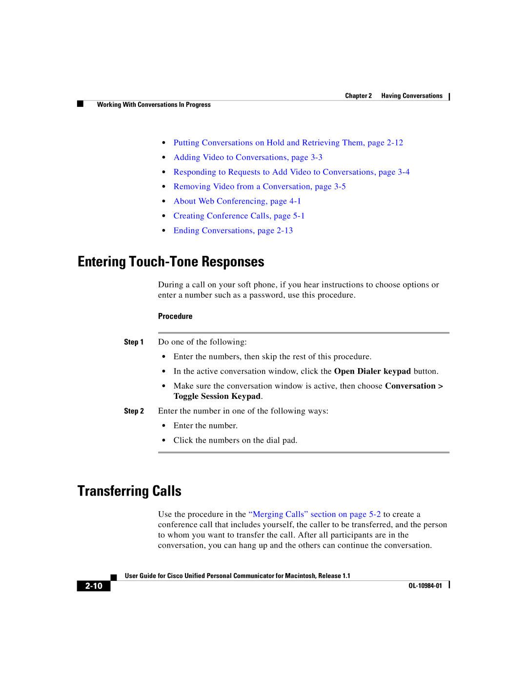 Cisco Systems OL-10984-01 manual Entering Touch-Tone Responses, Transferring Calls 