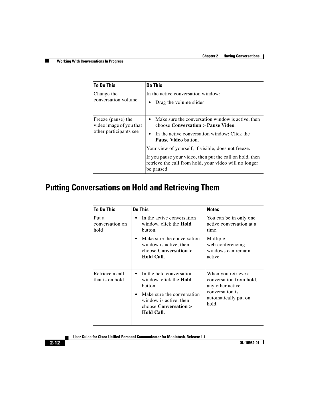 Cisco Systems OL-10984-01 Putting Conversations on Hold and Retrieving Them, Choose Conversation Pause Video, Hold Call 