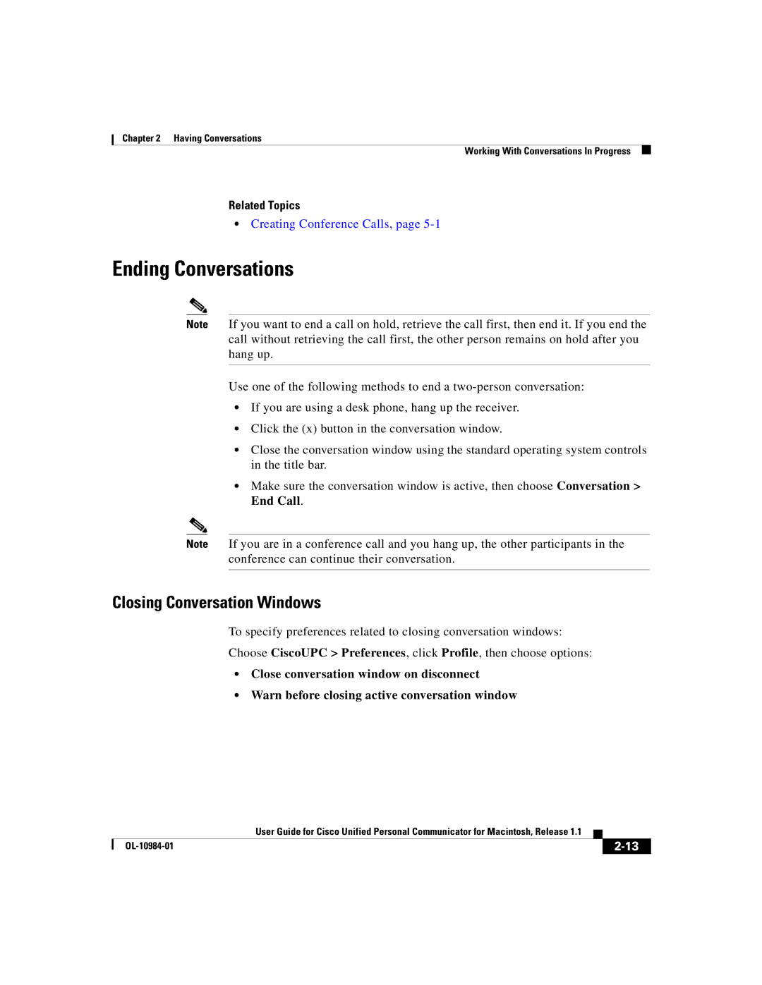 Cisco Systems OL-10984-01 manual Ending Conversations, Closing Conversation Windows 