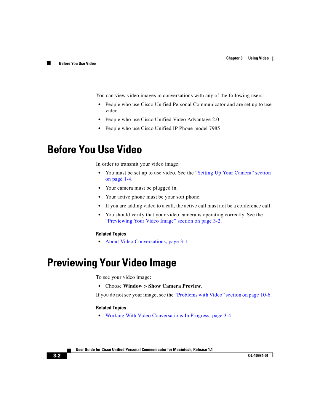 Cisco Systems OL-10984-01 manual Before You Use Video, Previewing Your Video Image, Choose Window Show Camera Preview 