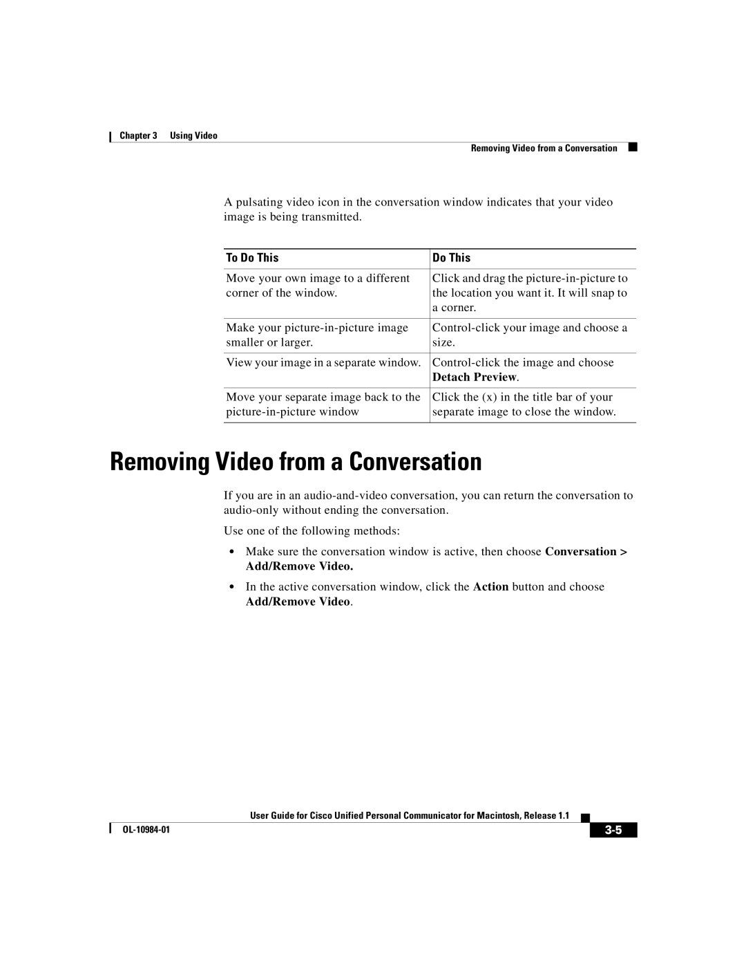 Cisco Systems OL-10984-01 manual Removing Video from a Conversation, Detach Preview, Add/Remove Video 