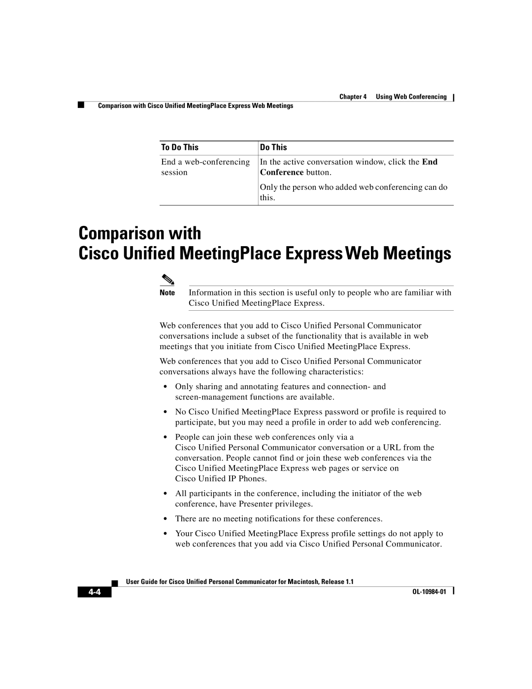 Cisco Systems OL-10984-01 manual Comparison with, Cisco Unified MeetingPlace Express Web Meetings 