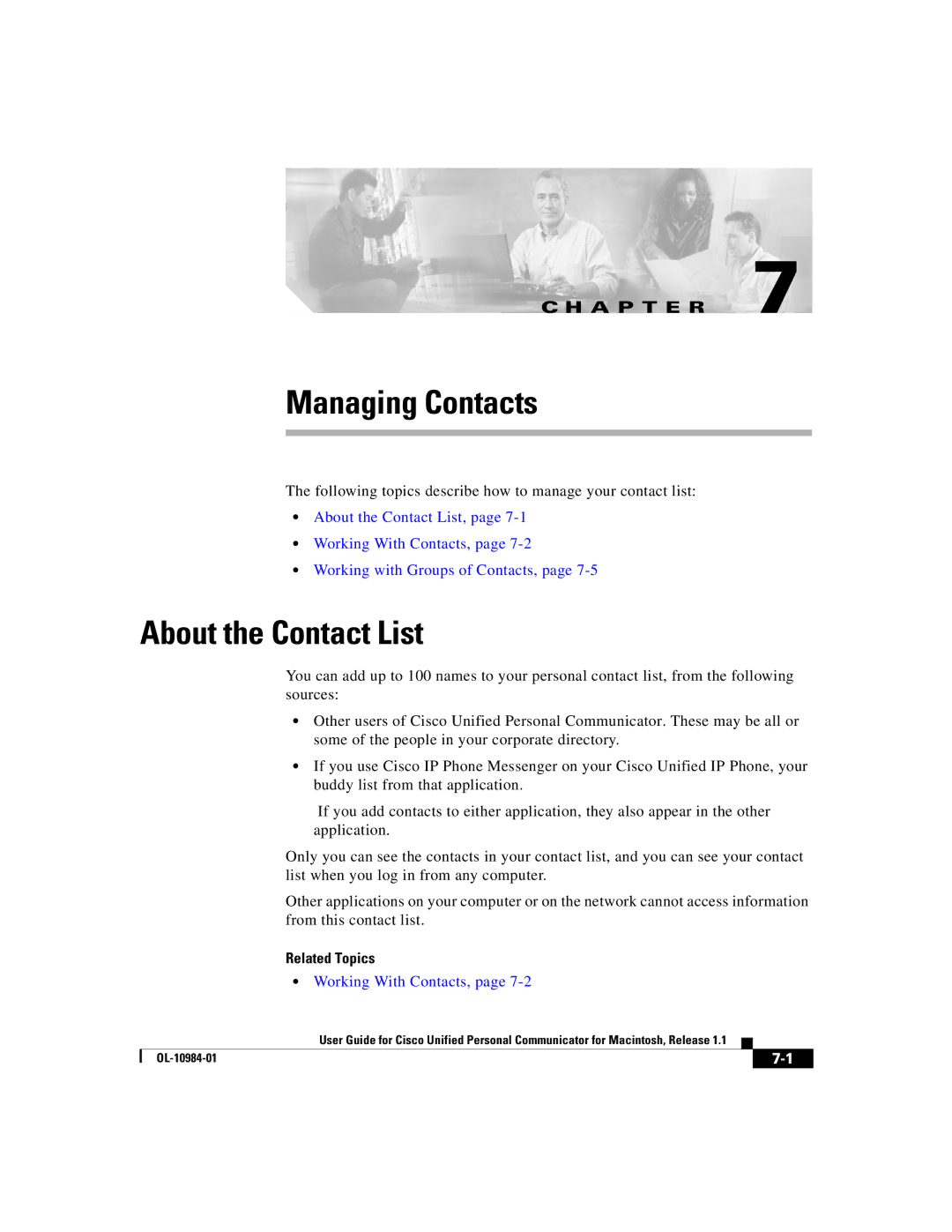 Cisco Systems OL-10984-01 manual Managing Contacts, About the Contact List 