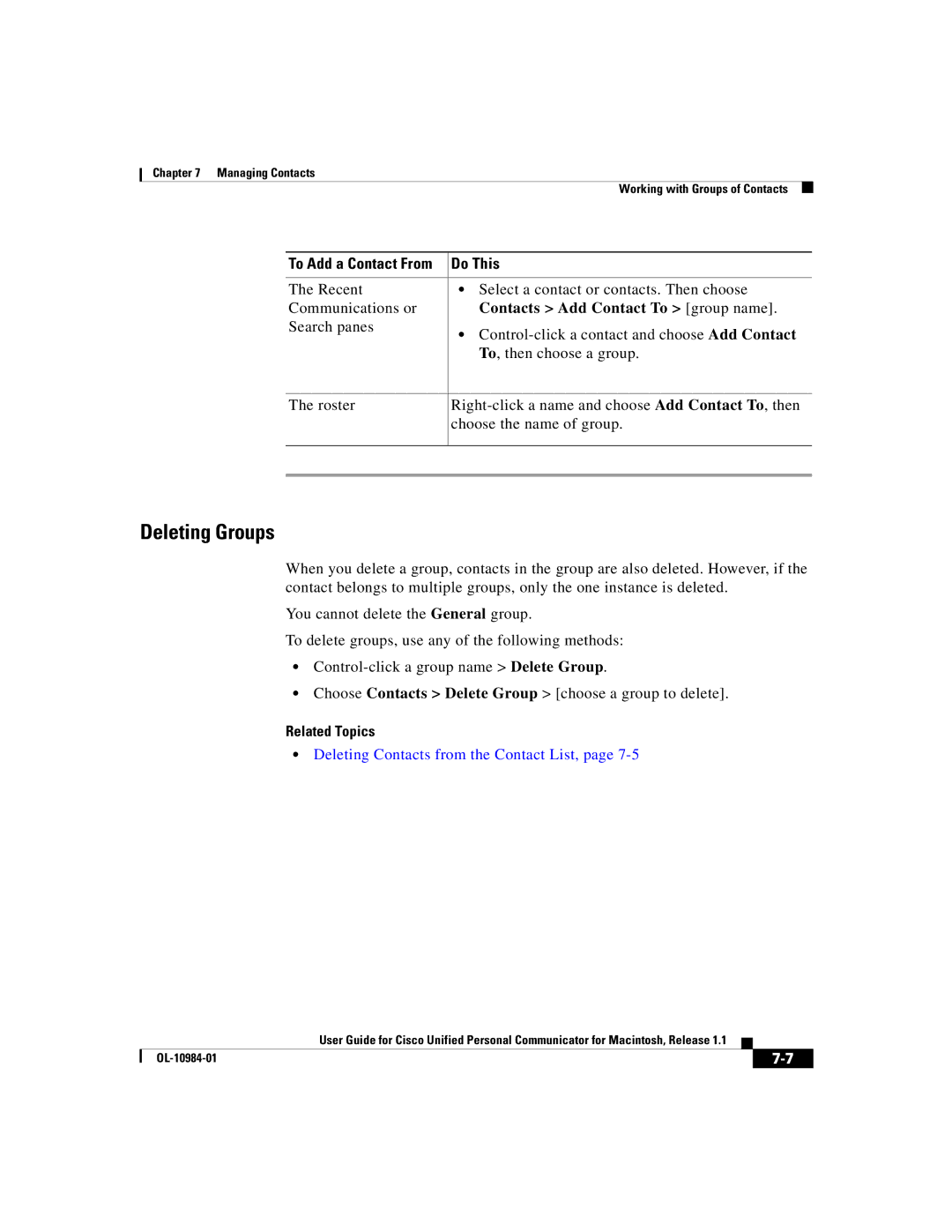 Cisco Systems OL-10984-01 Deleting Groups, Contacts Add Contact To group name, Deleting Contacts from the Contact List 