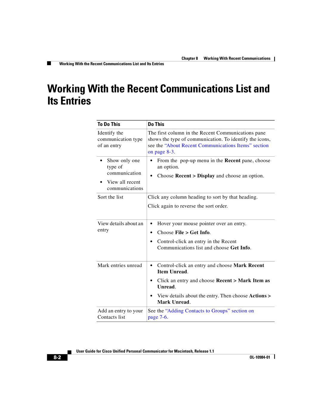 Cisco Systems OL-10984-01 Working With the Recent Communications List and Its Entries, Choose File Get Info, Item Unread 