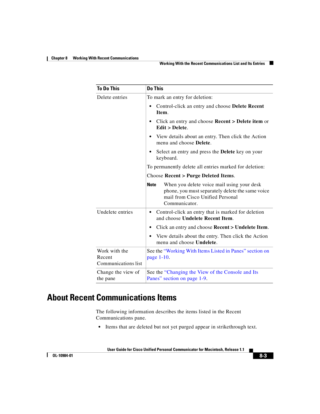 Cisco Systems OL-10984-01 manual About Recent Communications Items, Edit Delete, Choose Recent Purge Deleted Items 