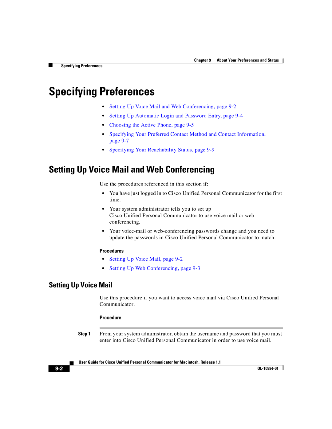 Cisco Systems OL-10984-01 manual Specifying Preferences, Setting Up Voice Mail and Web Conferencing, Procedures 