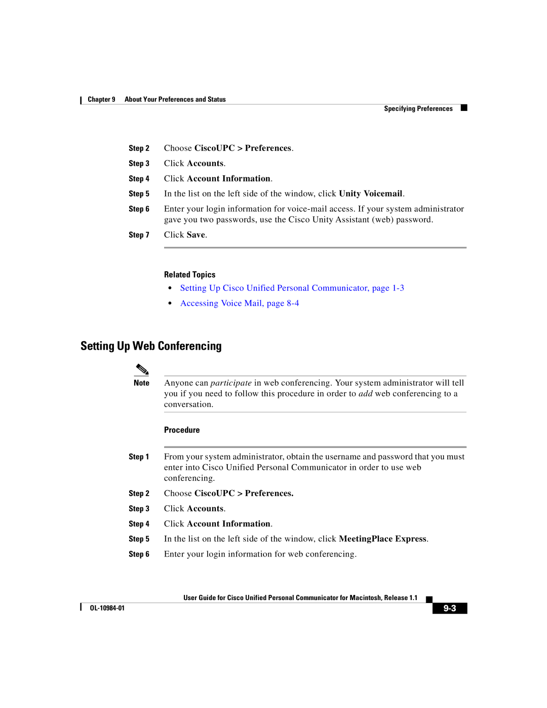 Cisco Systems OL-10984-01 manual Setting Up Web Conferencing, Choose CiscoUPC Preferences 