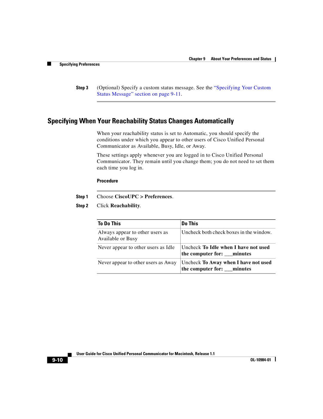 Cisco Systems OL-10984-01 manual Click Reachability, Uncheck To Idle when I have not used, Computer for minutes 