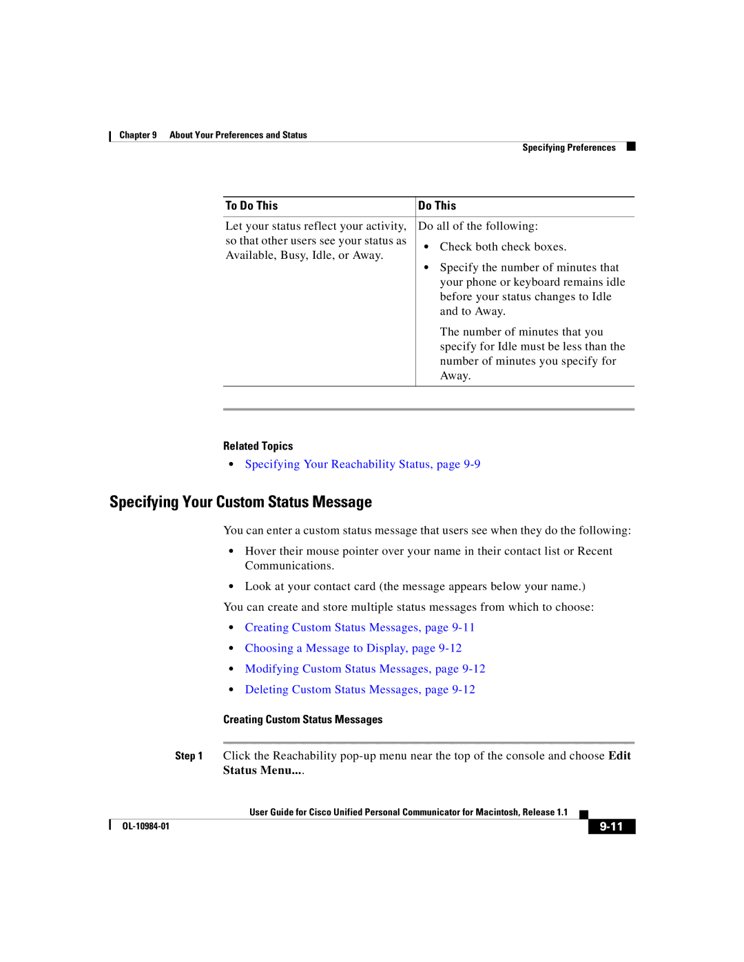 Cisco Systems OL-10984-01 manual Specifying Your Custom Status Message, Creating Custom Status Messages, Status Menu 