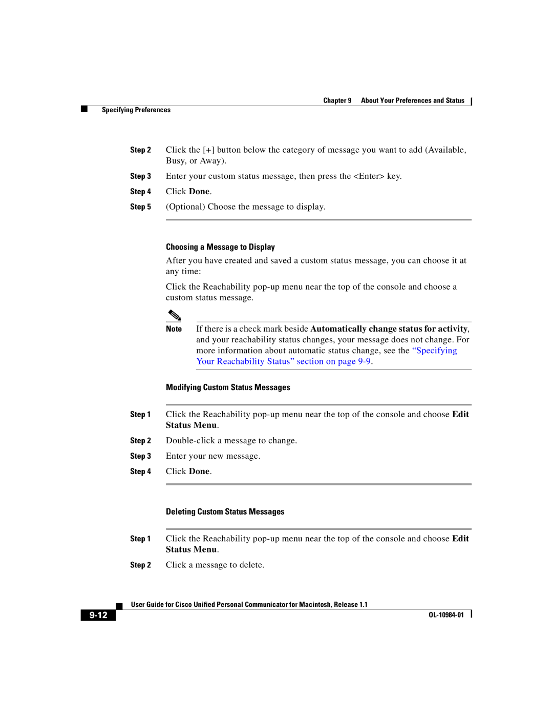 Cisco Systems OL-10984-01 Choosing a Message to Display, Modifying Custom Status Messages, Deleting Custom Status Messages 