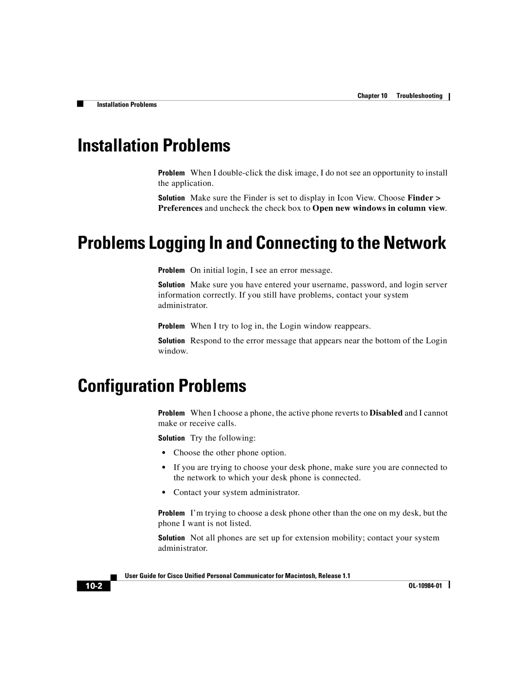 Cisco Systems OL-10984-01 manual Installation Problems, Configuration Problems, 10-2 