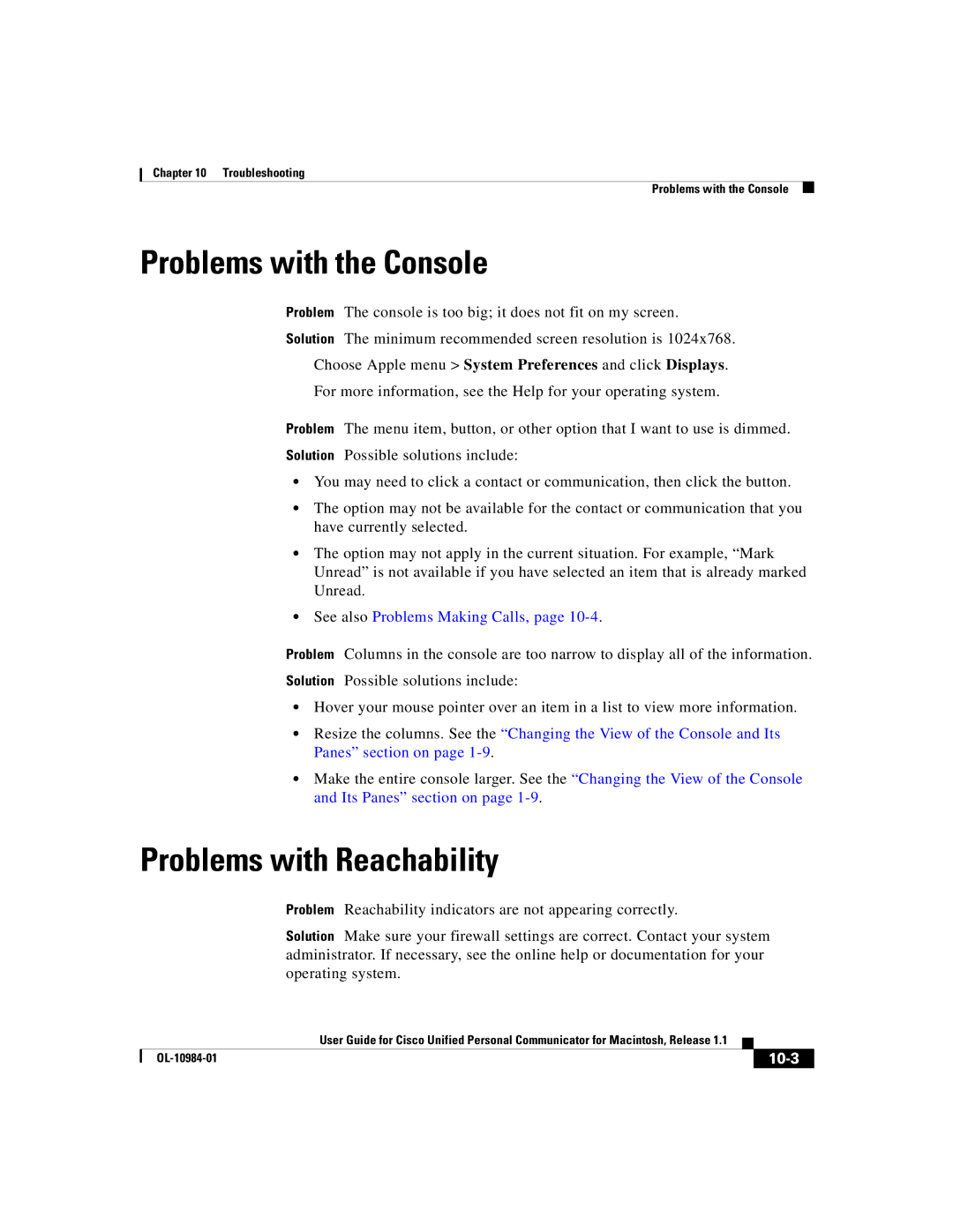 Cisco Systems OL-10984-01 Problems with the Console, Problems with Reachability, See also Problems Making Calls, 10-3 