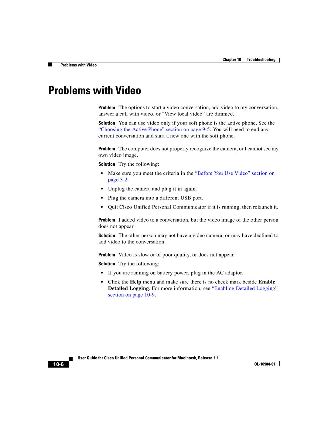 Cisco Systems OL-10984-01 manual Problems with Video, 10-6 