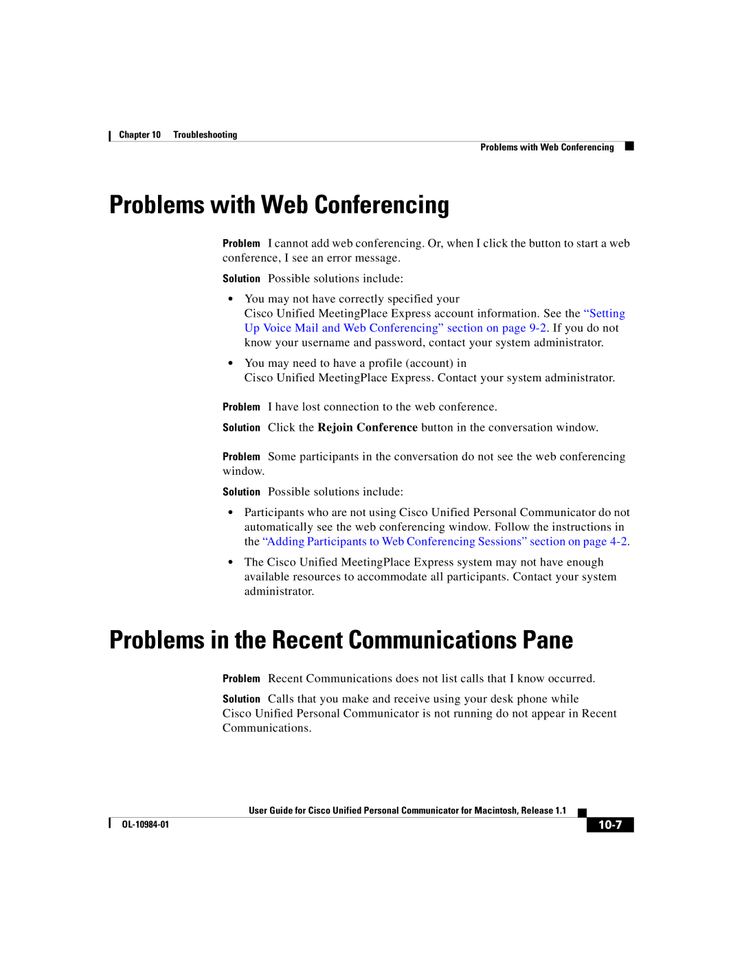 Cisco Systems OL-10984-01 manual Problems with Web Conferencing, 10-7 