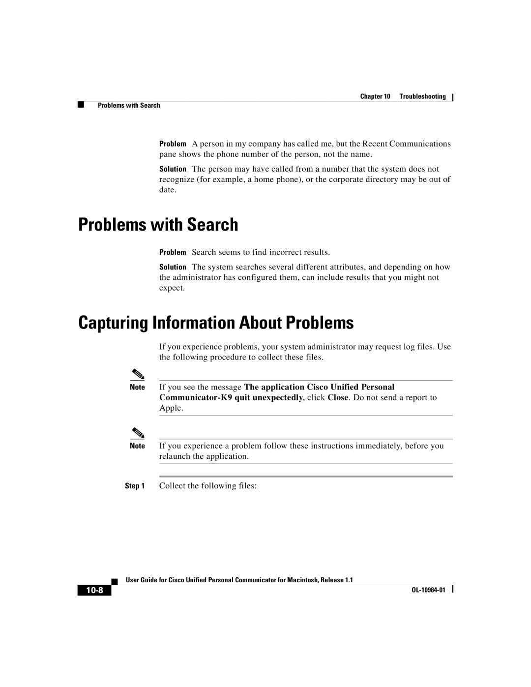 Cisco Systems OL-10984-01 manual Problems with Search, Capturing Information About Problems, 10-8 