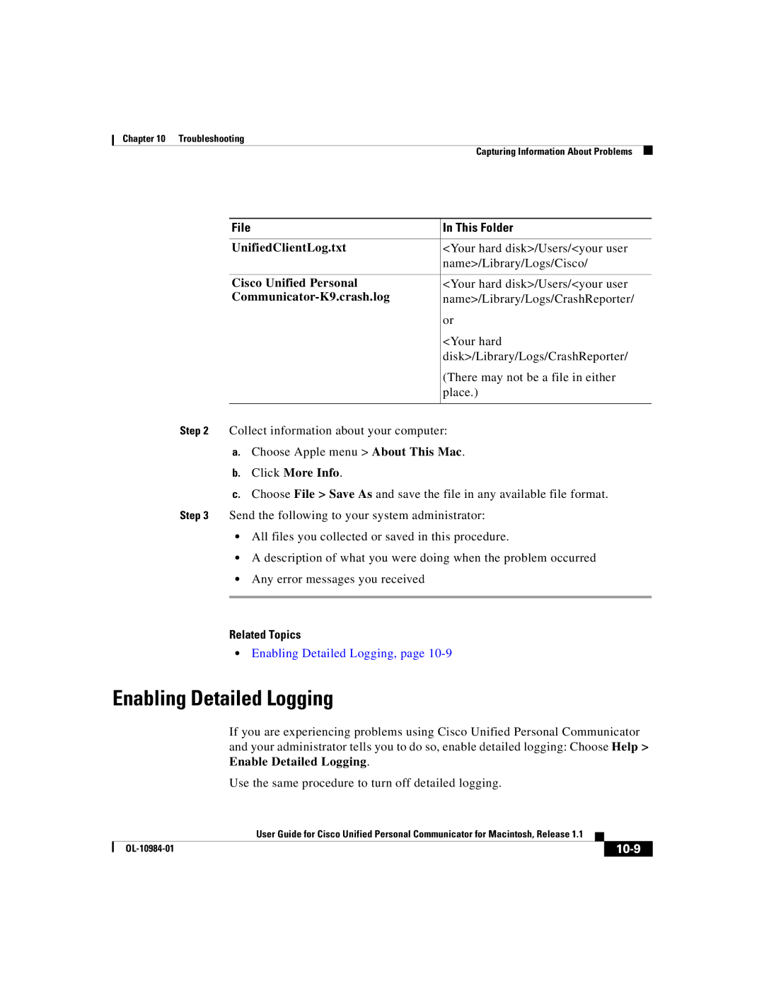Cisco Systems OL-10984-01 manual Enabling Detailed Logging, File This Folder, UnifiedClientLog.txt, Click More Info, 10-9 