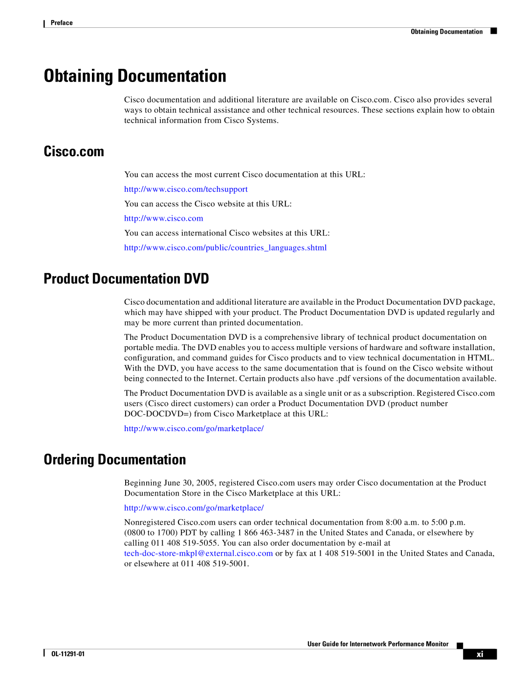 Cisco Systems OL-11291-01 manual Obtaining Documentation, Cisco.com, Product Documentation DVD, Ordering Documentation 