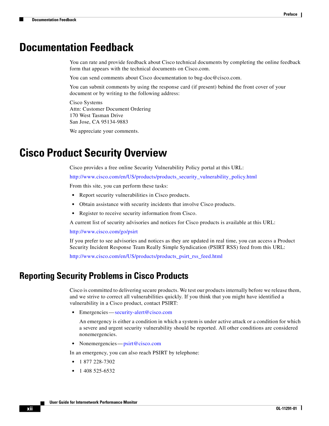 Cisco Systems OL-11291-01 manual Documentation Feedback, Cisco Product Security Overview, Xii 