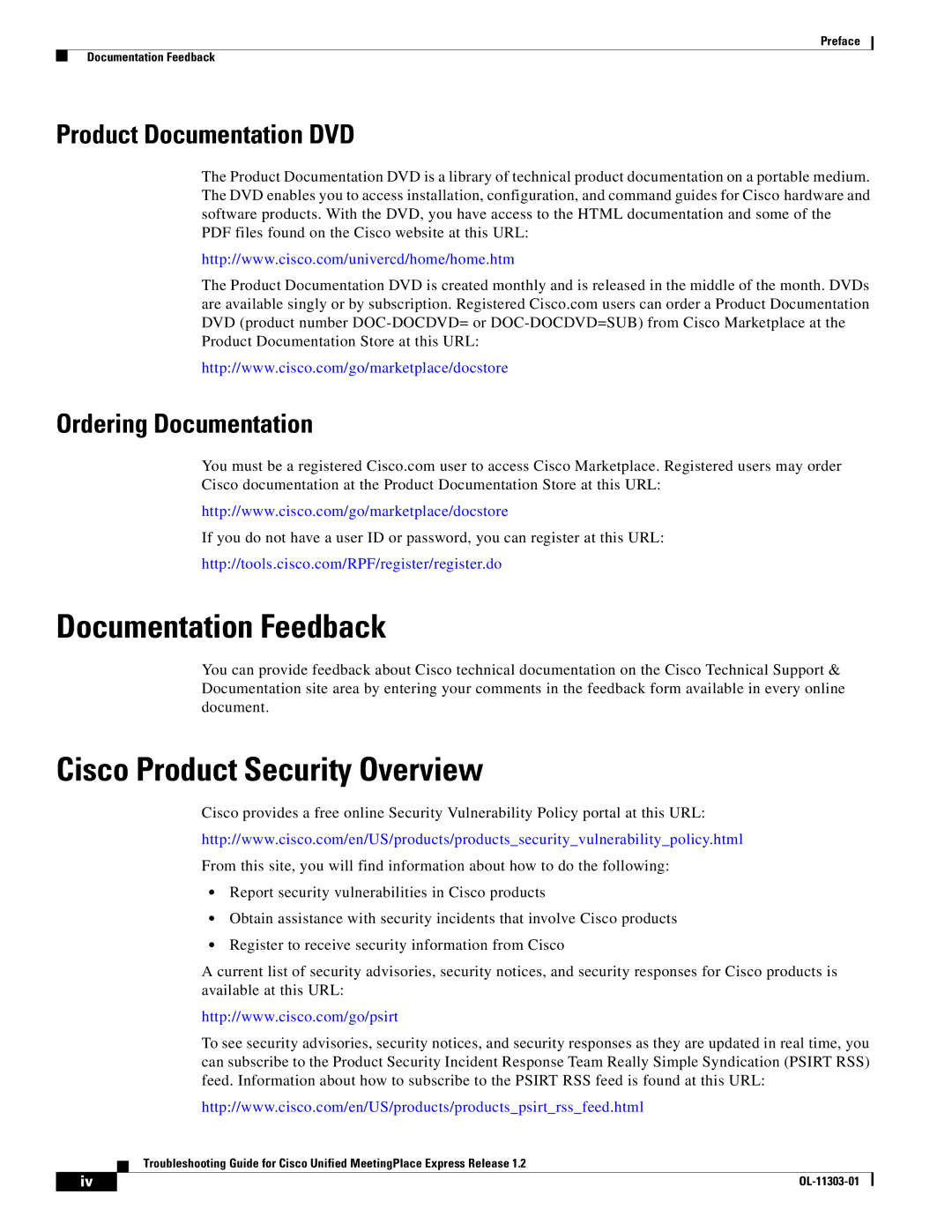 Cisco Systems OL-11303-01 manual Documentation Feedback, Cisco Product Security Overview 