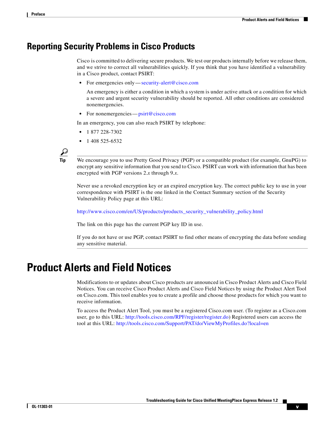 Cisco Systems OL-11303-01 manual Product Alerts and Field Notices, Reporting Security Problems in Cisco Products 