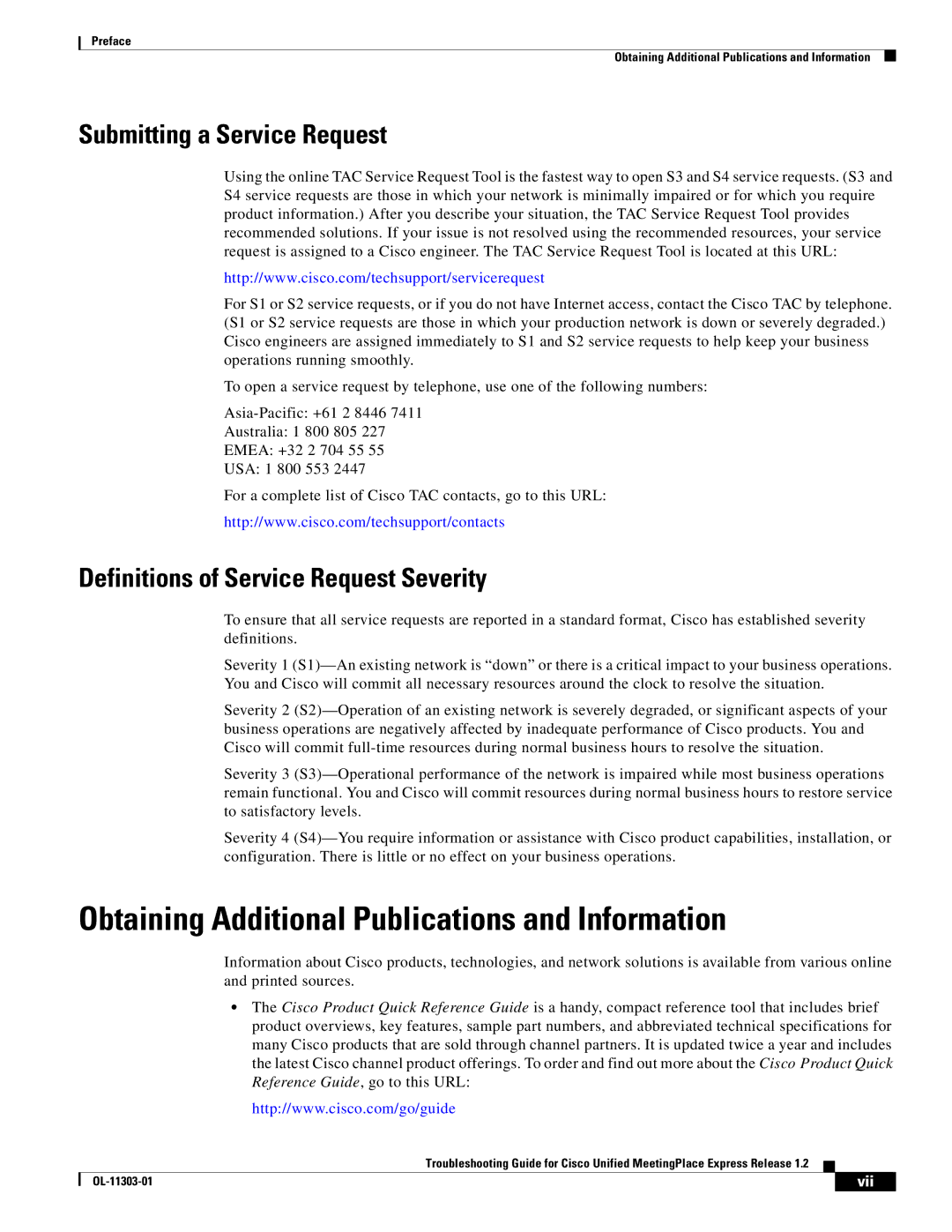 Cisco Systems OL-11303-01 manual Obtaining Additional Publications and Information, Submitting a Service Request 