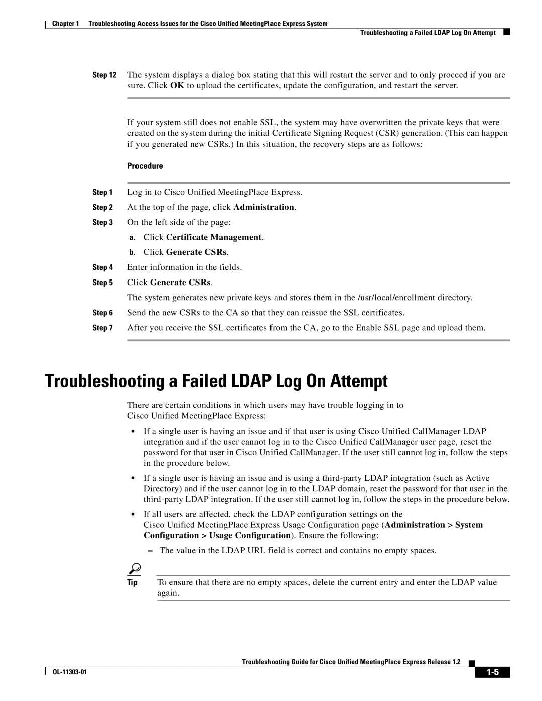 Cisco Systems OL-11303-01 Troubleshooting a Failed Ldap Log On Attempt, Click Certificate Management Click Generate CSRs 