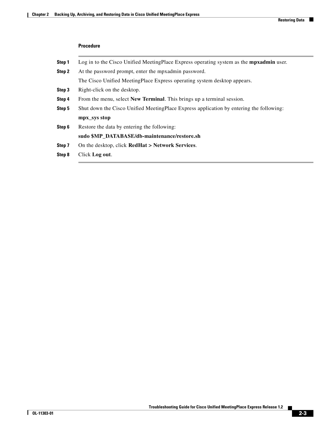 Cisco Systems OL-11303-01 manual Mpxsys stop 