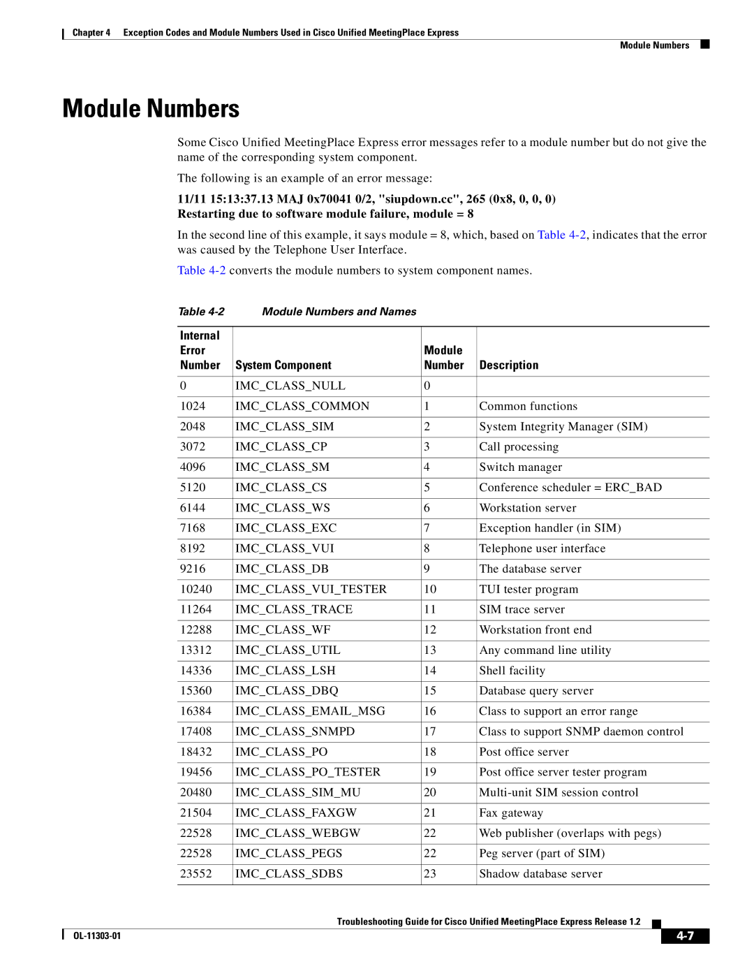 Cisco Systems OL-11303-01 manual Module Numbers, Internal Error Module Number System Component Description 