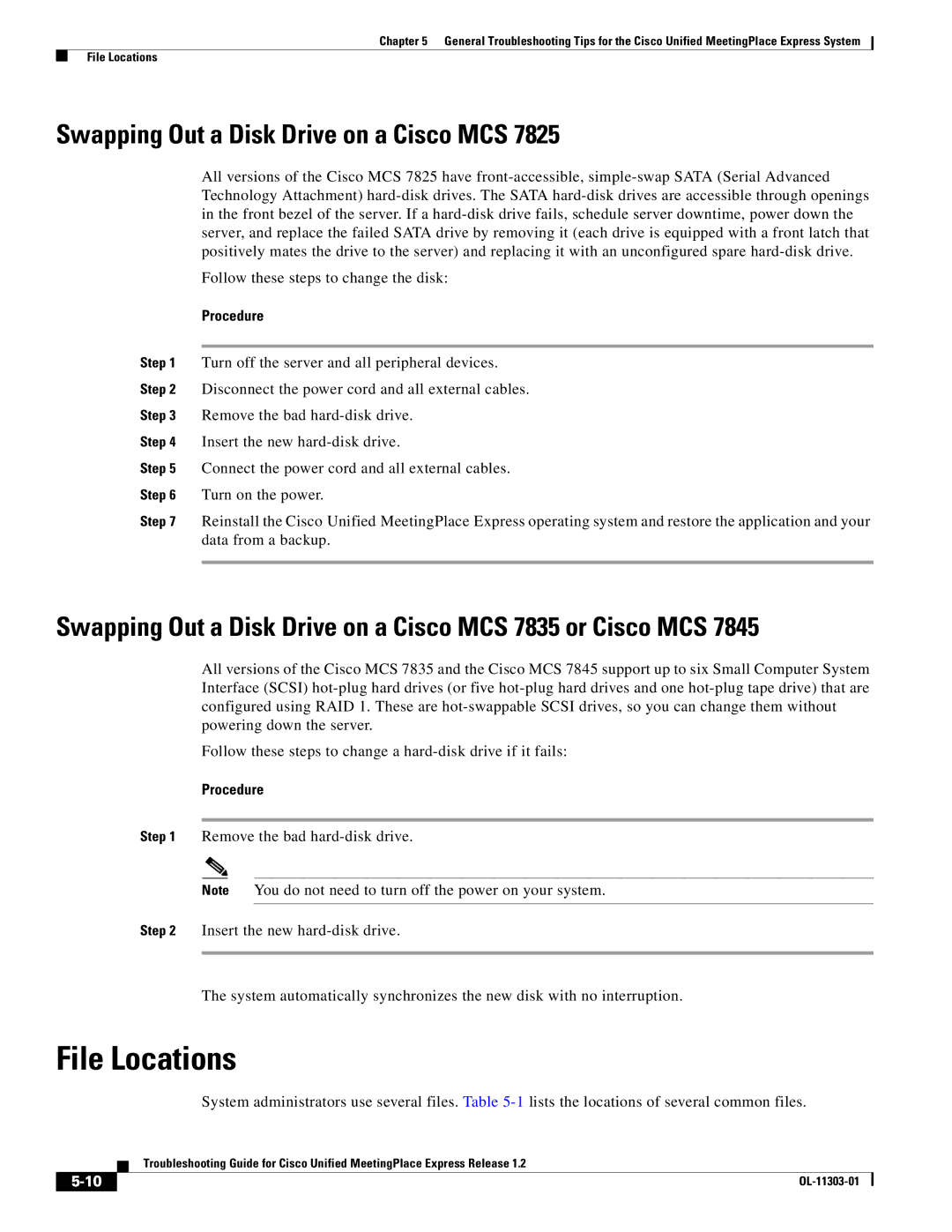 Cisco Systems OL-11303-01 manual File Locations, Swapping Out a Disk Drive on a Cisco MCS 