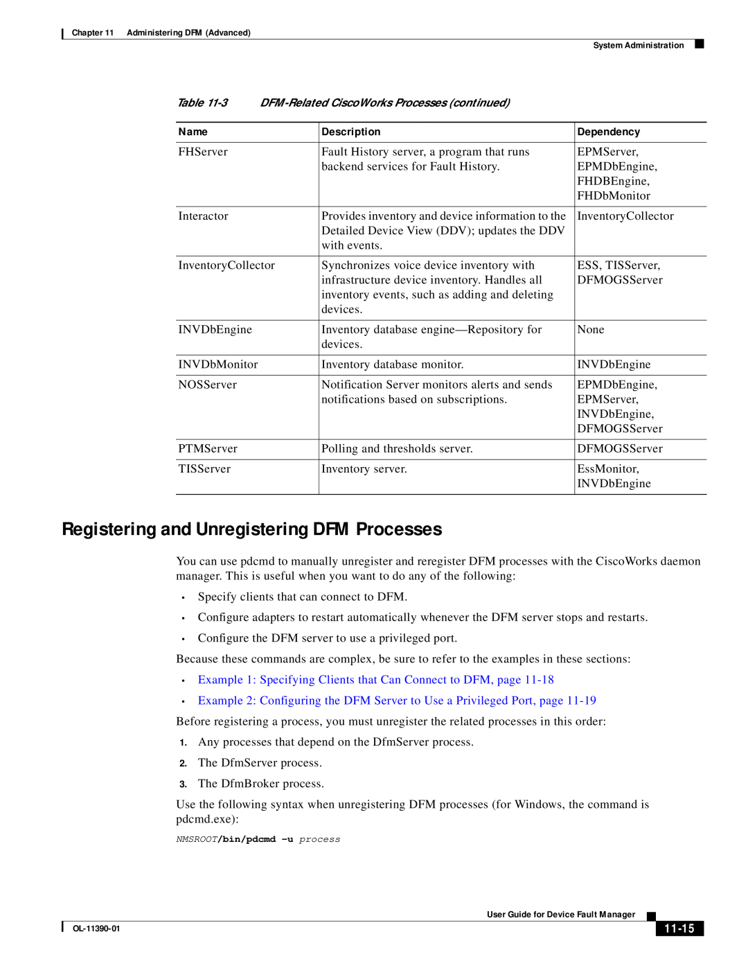 Cisco Systems OL-11390-01 manual Registering and Unregistering DFM Processes, 11-15, Name, Description, Dependency 