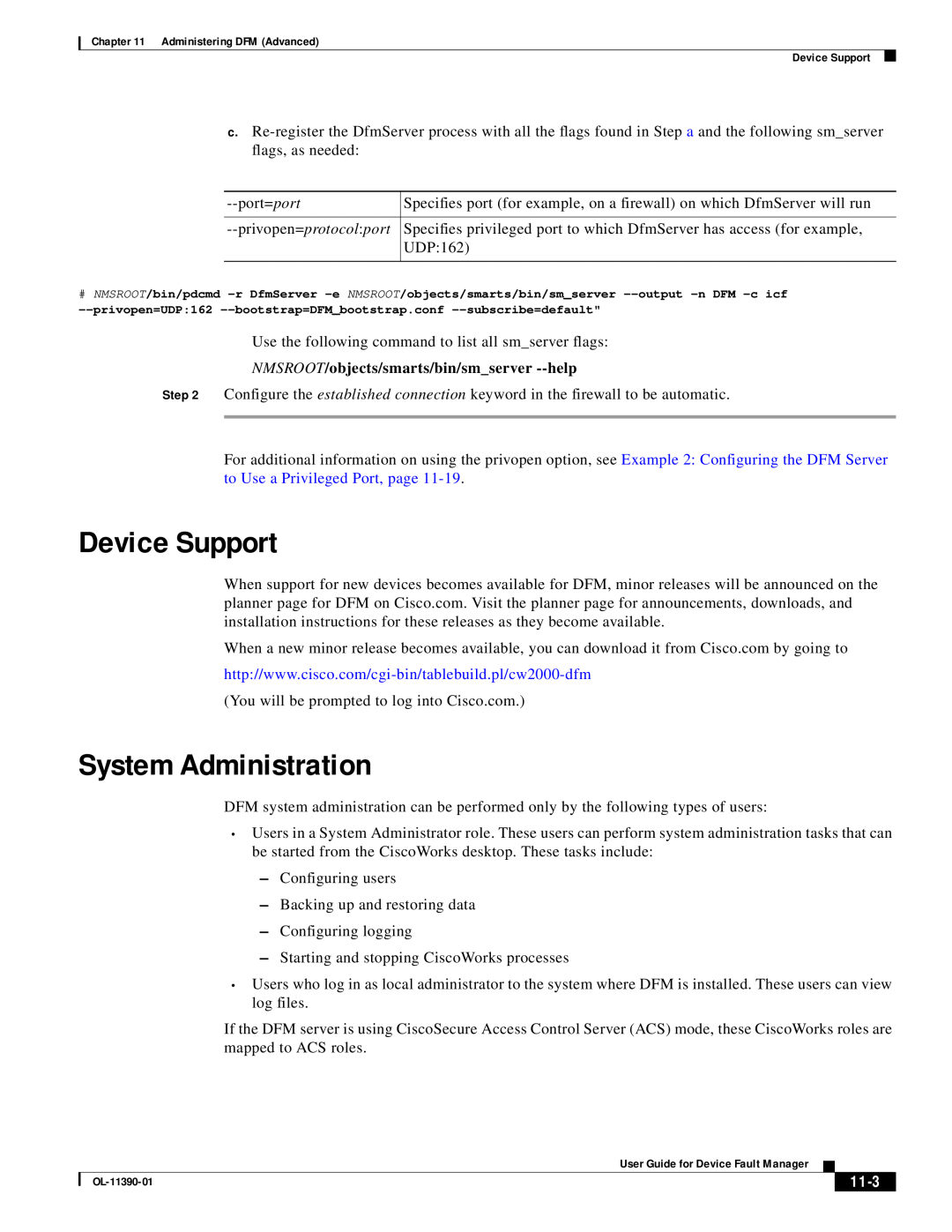 Cisco Systems OL-11390-01 manual Device Support, System Administration, NMSROOT/objects/smarts/bin/smserver --help, 11-3 