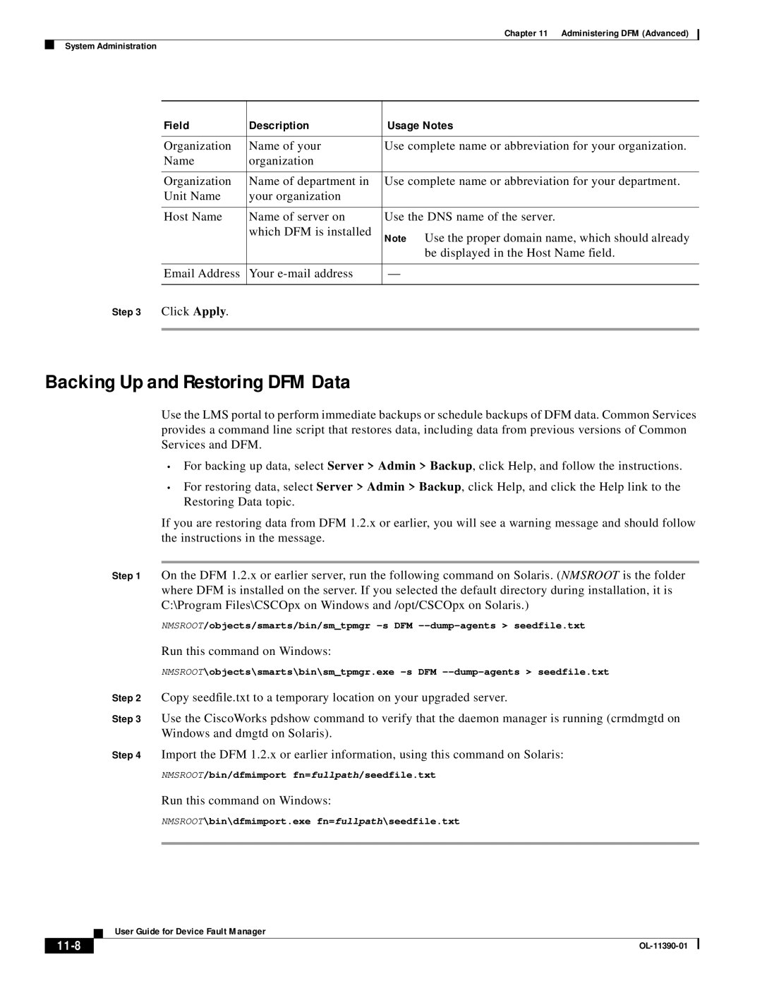 Cisco Systems OL-11390-01 manual Backing Up and Restoring DFM Data, 11-8, Field, Description, Usage Notes 