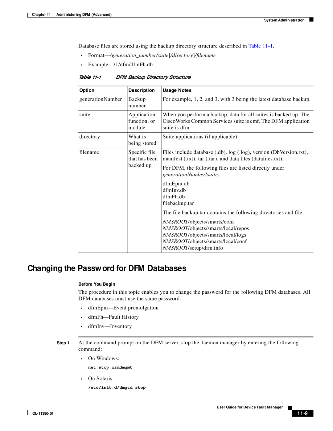 Cisco Systems OL-11390-01 Changing the Password for DFM Databases, Option Description Usage Notes, Before You Begin, 11-9 