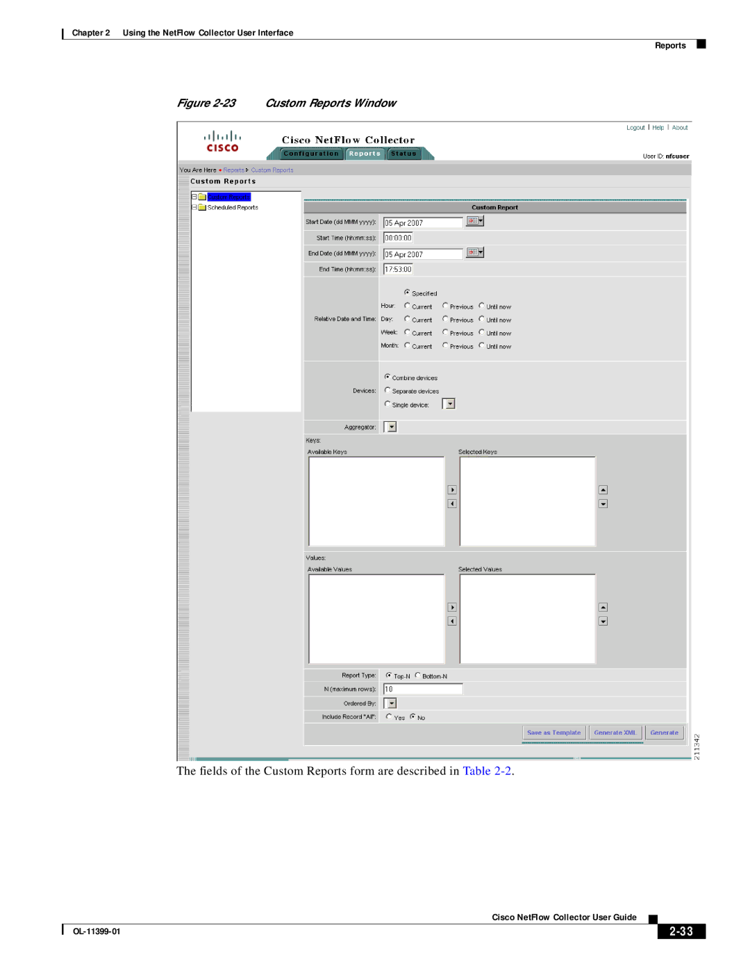 Cisco Systems OL-11399-01 manual Fields of the Custom Reports form are described in Table 