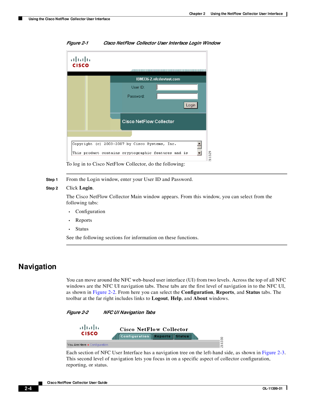 Cisco Systems OL-11399-01 manual Navigation, Cisco NetFlow Collector User Interface Login Window 