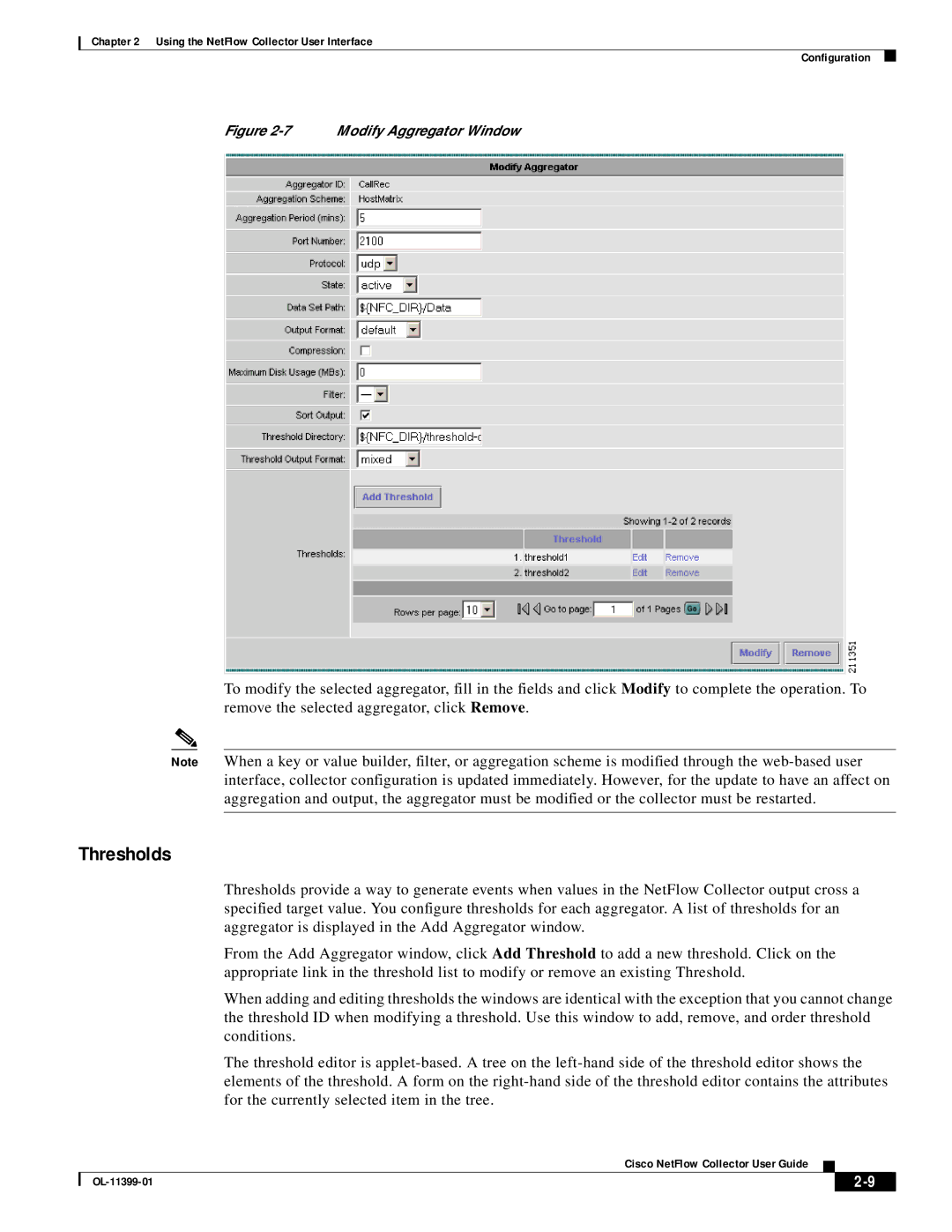 Cisco Systems OL-11399-01 manual Thresholds, Modify Aggregator Window 