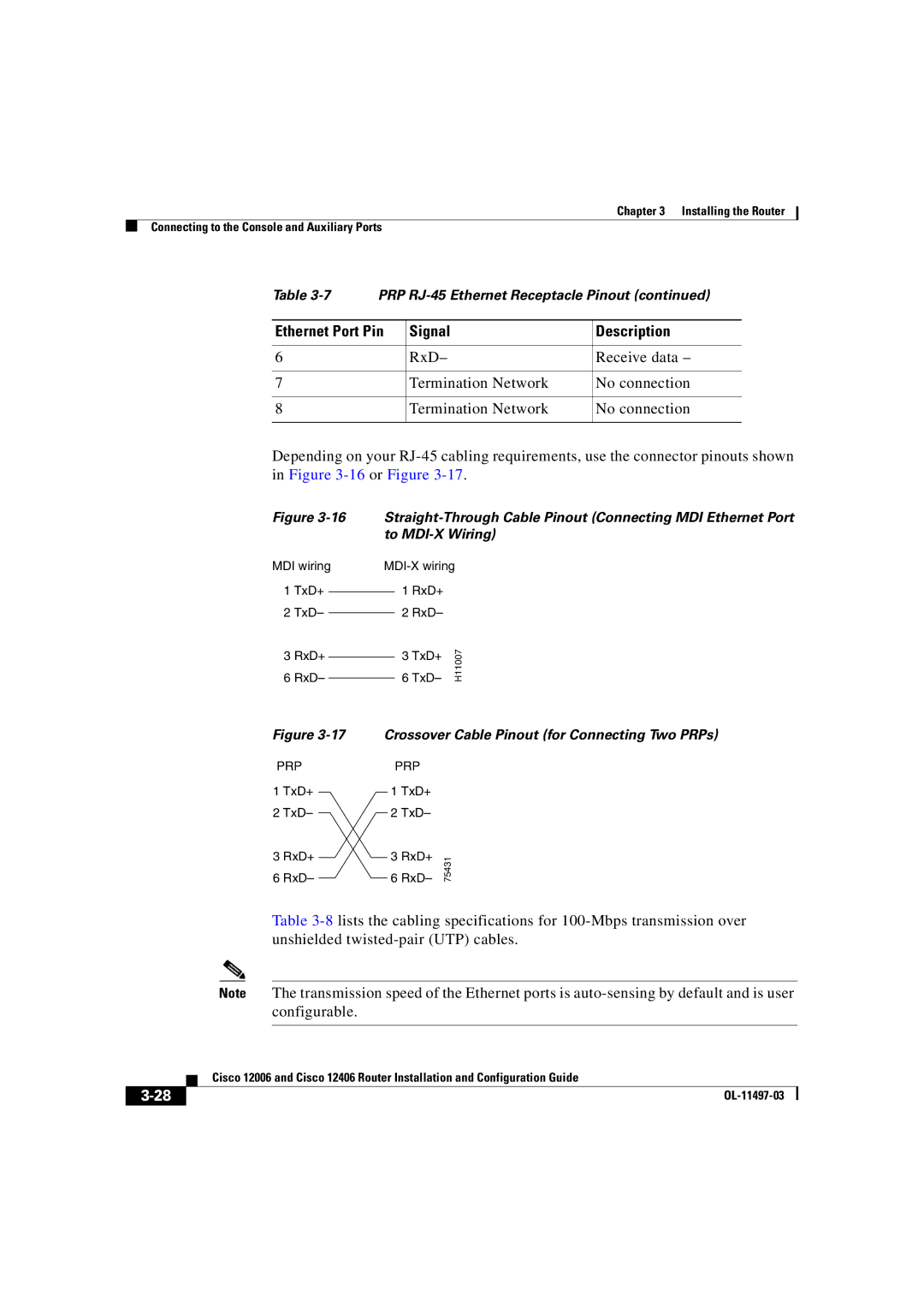 Cisco Systems OL-11497-03 manual Crossover Cable Pinout for Connecting Two PRPs 