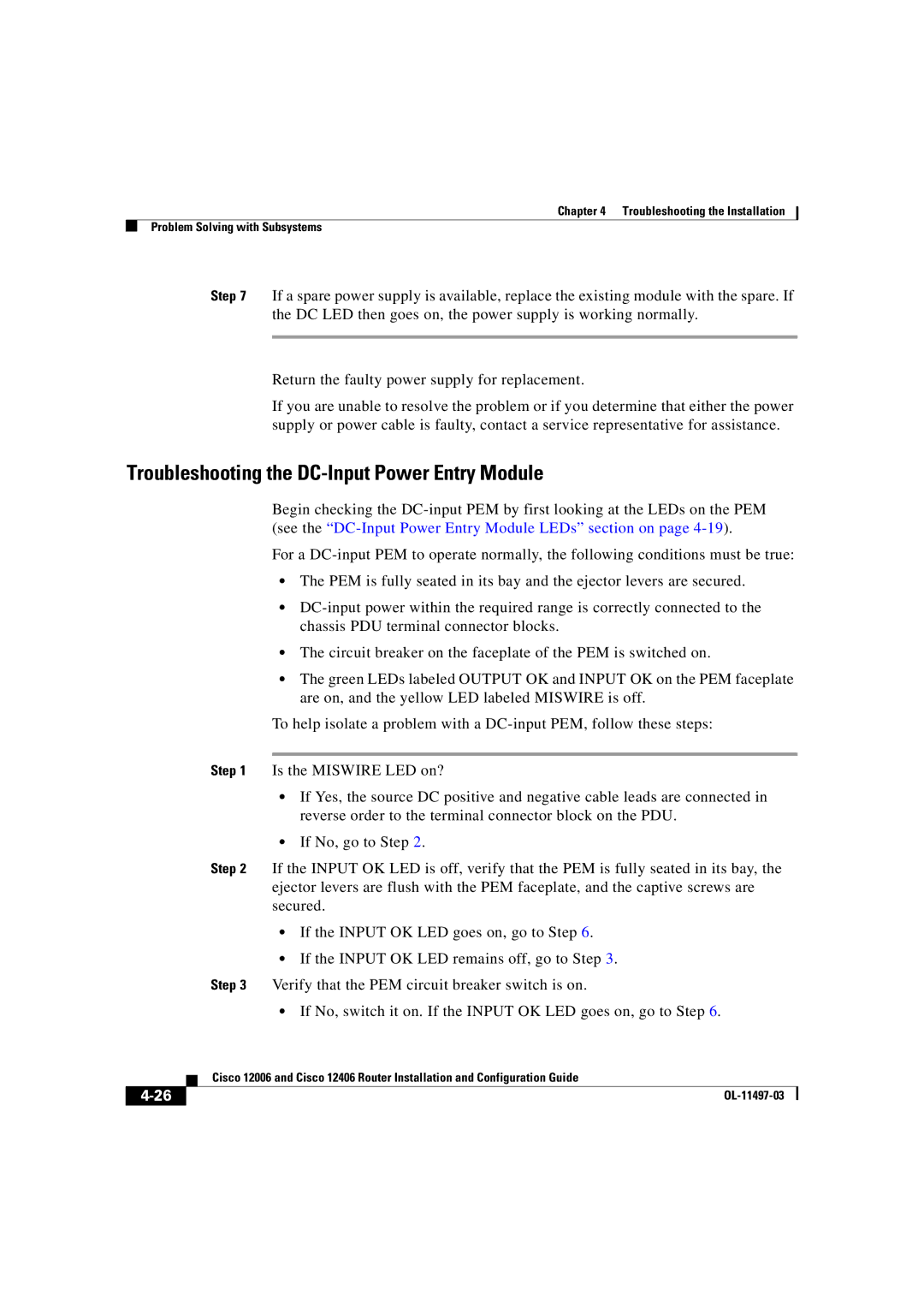 Cisco Systems OL-11497-03 manual Troubleshooting the DC-Input Power Entry Module 