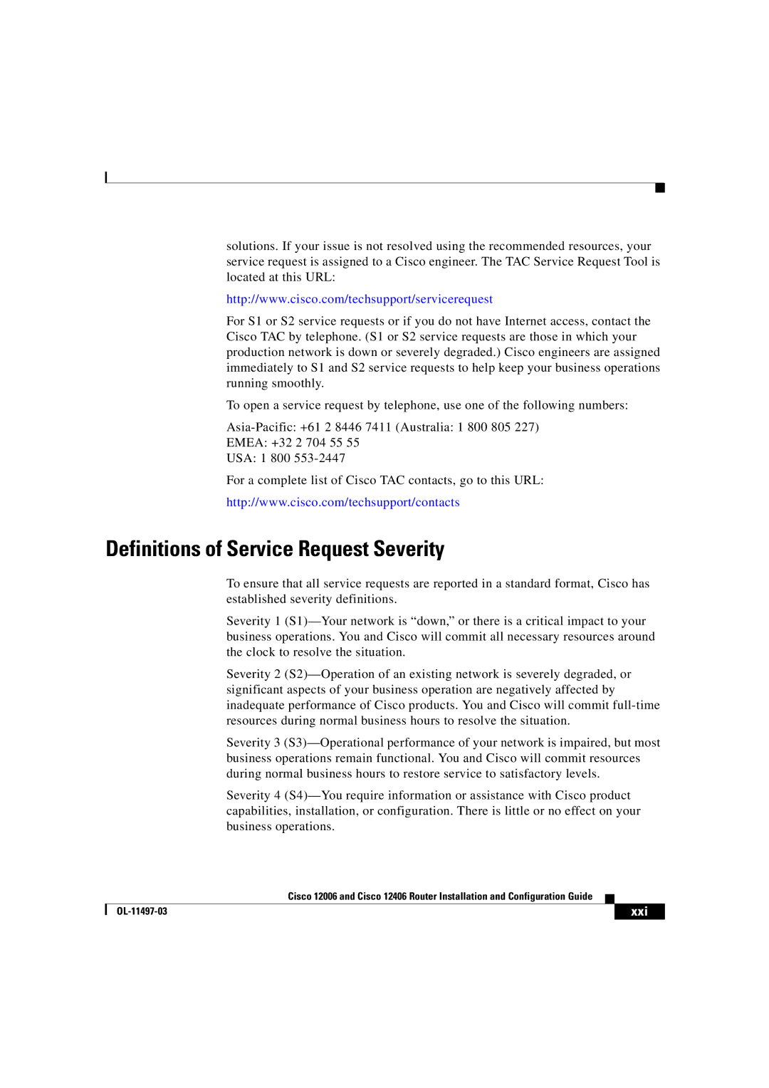 Cisco Systems OL-11497-03 manual Definitions of Service Request Severity 