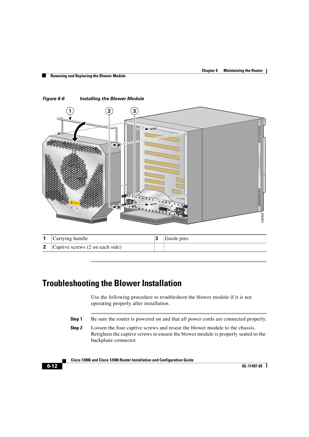 Cisco Systems OL-11497-03 manual Troubleshooting the Blower Installation 