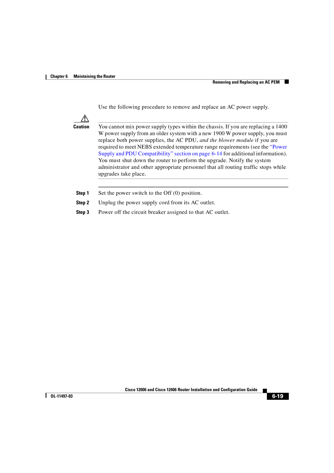 Cisco Systems OL-11497-03 manual Maintaining the Router Removing and Replacing an AC PEM 