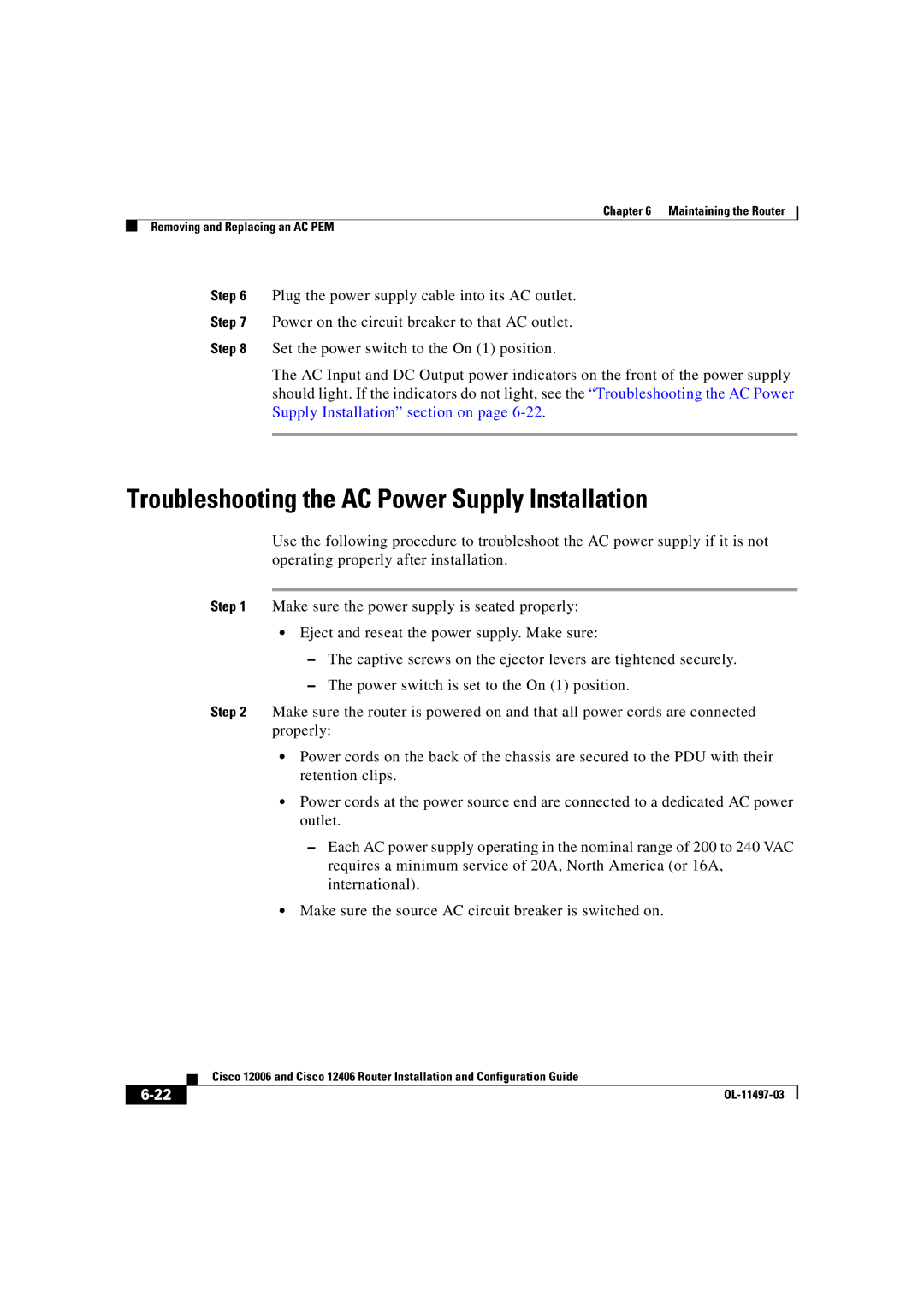 Cisco Systems OL-11497-03 manual Troubleshooting the AC Power Supply Installation 