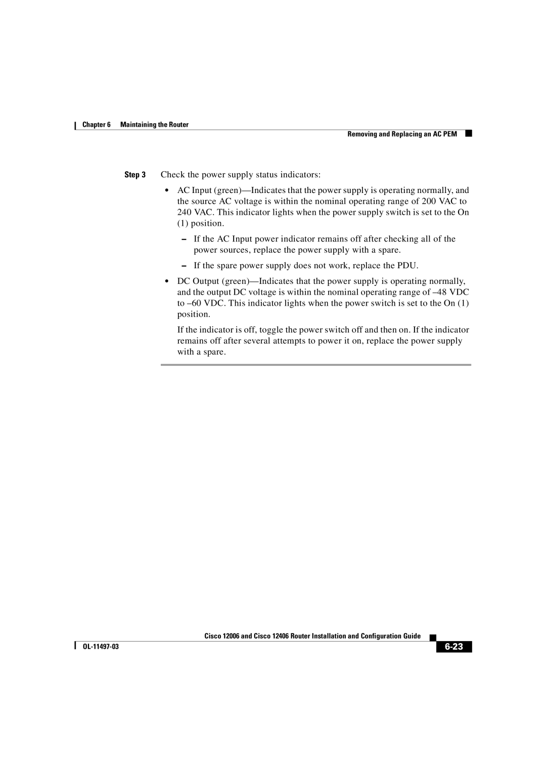 Cisco Systems OL-11497-03 manual Maintaining the Router Removing and Replacing an AC PEM 