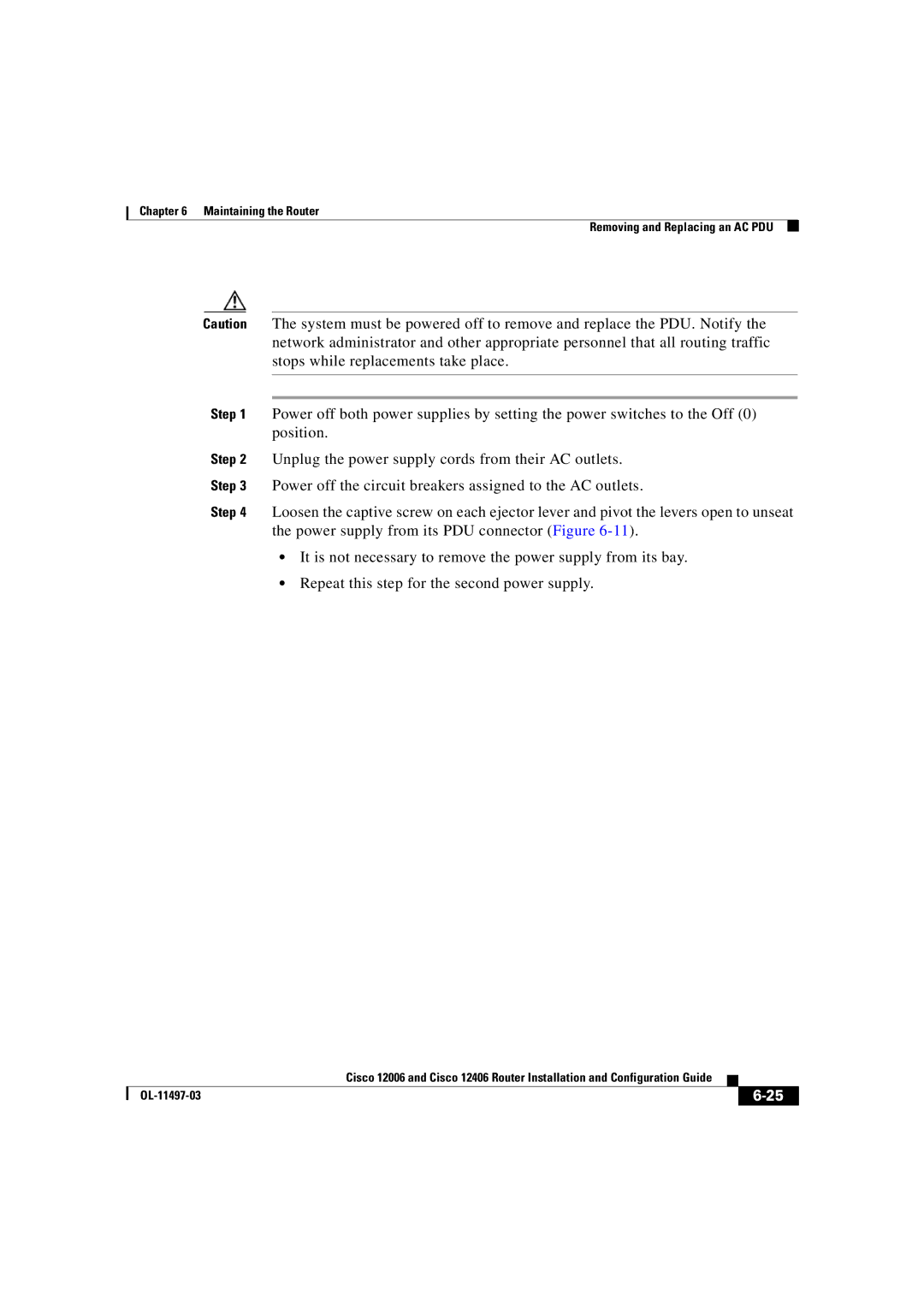 Cisco Systems OL-11497-03 manual Maintaining the Router Removing and Replacing an AC PDU 