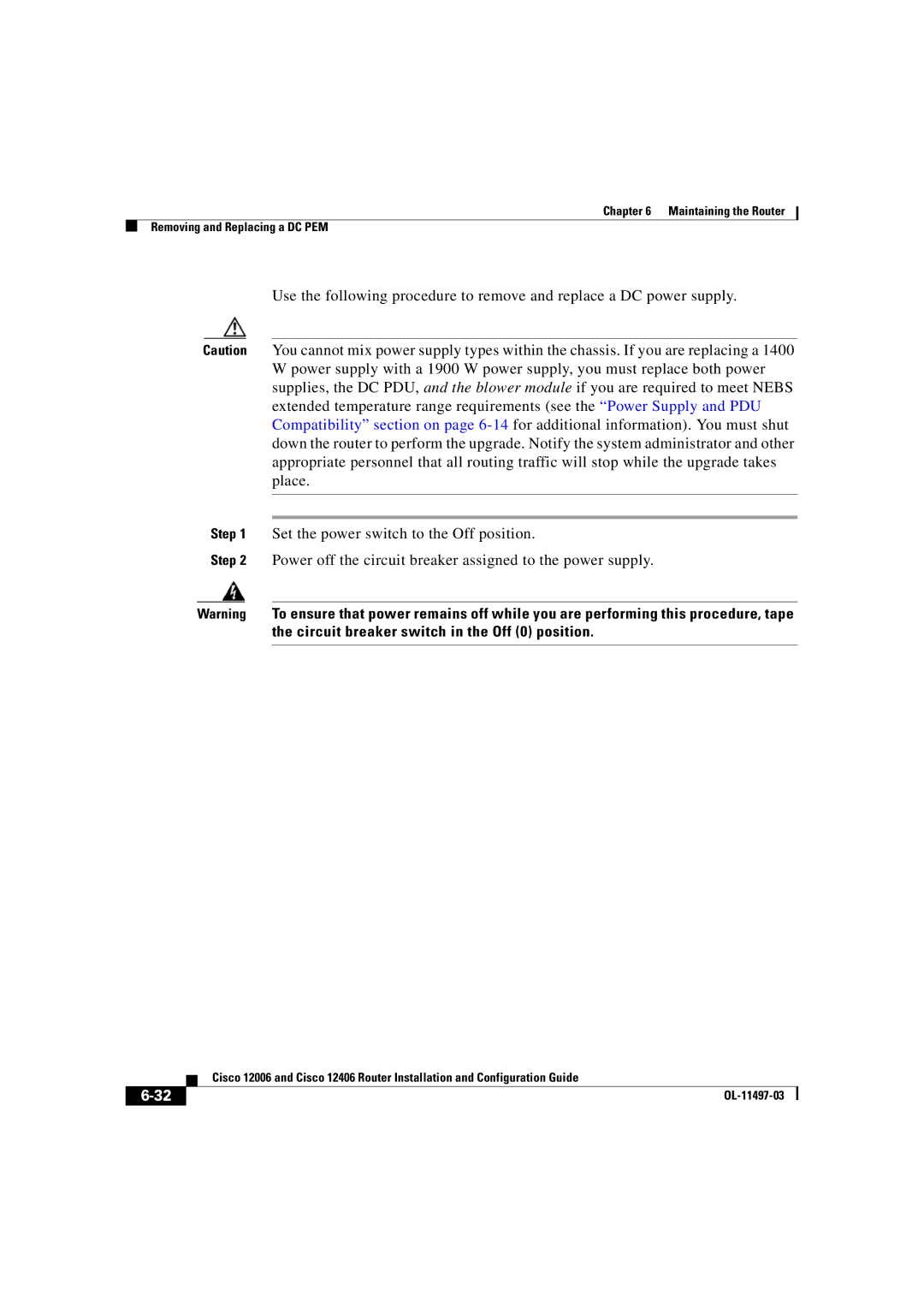 Cisco Systems OL-11497-03 manual Maintaining the Router Removing and Replacing a DC PEM 