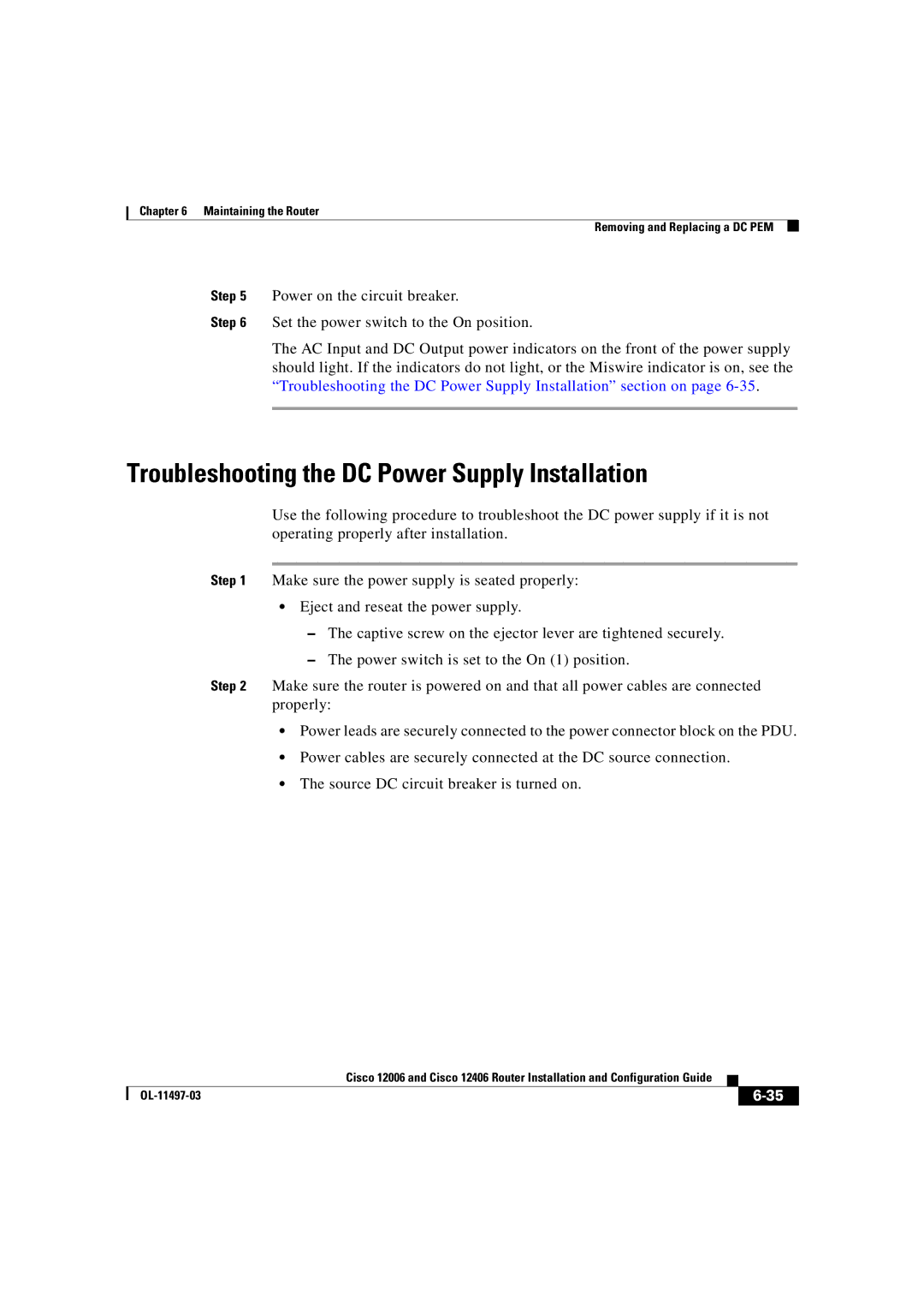 Cisco Systems OL-11497-03 manual Troubleshooting the DC Power Supply Installation 